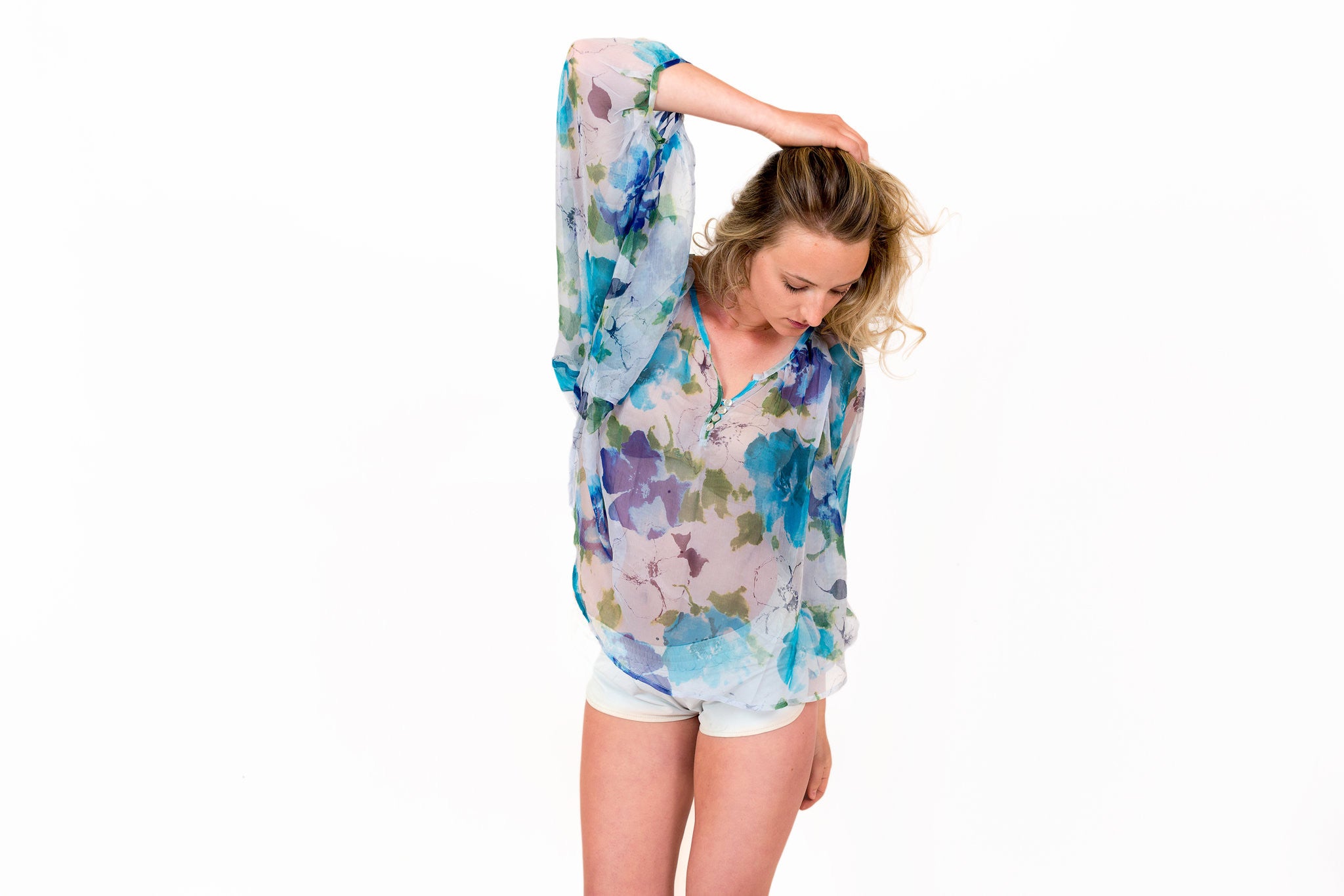 Crinkled Silk "Blue Jay" Top